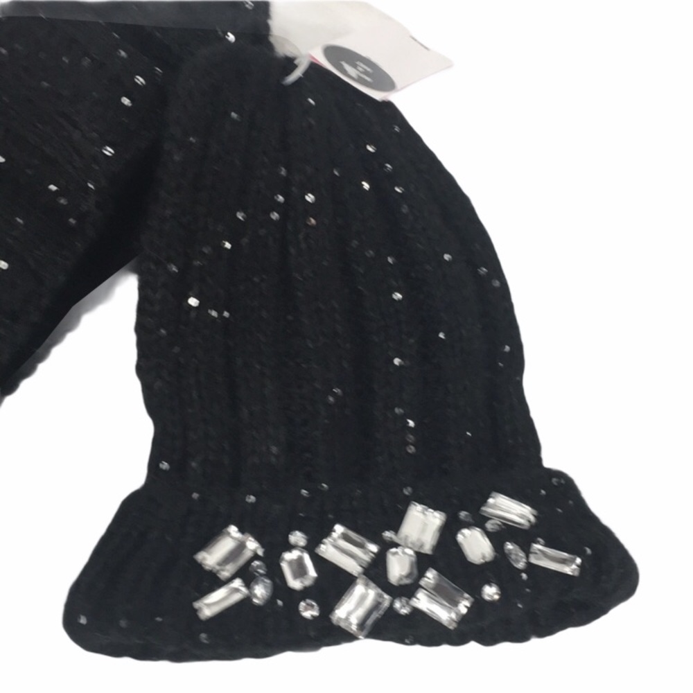 Betsey Johnson Infinity Scarf and Jeweled Beanie Black